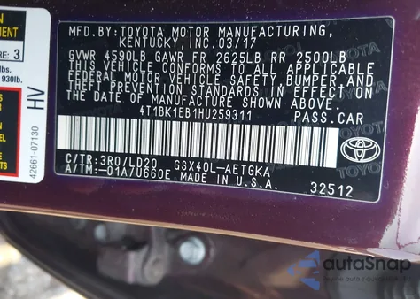 2017 Toyota Avalon Xle z USA, uszkodzony, nr VIN 4T1BK1EB1HU259311